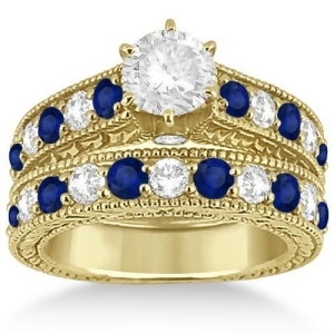 Antique Diamond and Sapphire Bridal Ring Set 18k Yellow Gold 2.87ct - All