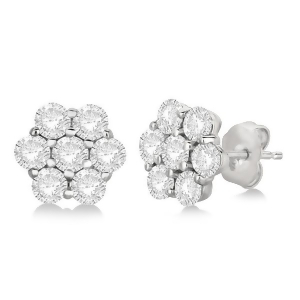 Flower Shaped Diamond Cluster Stud Earrings 14K White Gold 2.80ct - All