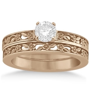Flower Carved Solitaire Engagement Ring and Wedding Band 14kt Rose Gold - All