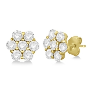 Flower Shaped Diamond Cluster Stud Earrings 14K Yellow Gold 2.00ct - All