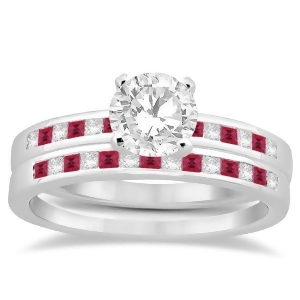 Princess Cut Diamond and Ruby Bridal Ring Set 18k White Gold 0.54ct - All