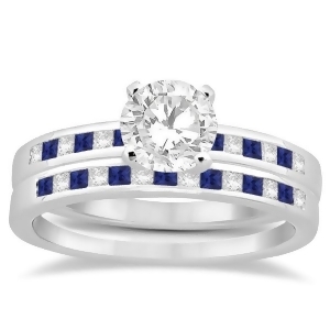 Princess Diamond and Blue Sapphire Bridal Ring Set 18k White Gold 0.54ct - All