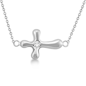 Rounded Sideways Diamond Cross Pendant Necklace 14k White Gold .05ct - All