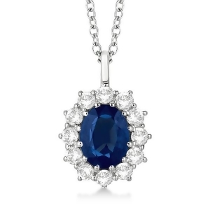 Oval Blue Sapphire and Diamond Pendant Necklace 14k White Gold 3.60ctw - All