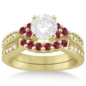 Floral Diamond and Ruby Engagement Ring and Band 18k Yellow Gold 0.60ct - All