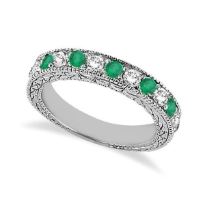 Antique Diamond and Emerald Wedding Ring 14kt White Gold 1.03ct - All