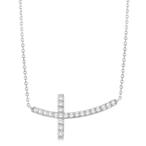Diamond Sideways Curved Cross Pendant Necklace 14k White Gold 0.33 ct - All