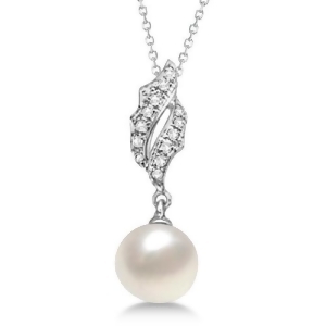 Freshwater Cultured Pearl and Diamond Pendant Necklace 14K W. Gold 7.50mm - All