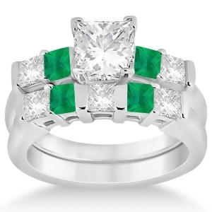 5 Stone Diamond and Green Emerald Bridal Ring Set 14K White Gold 1.02ct - All