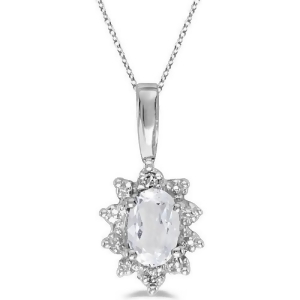 Oval White Topaz and Diamond Flower Shaped Pendant Necklace 14k W Gold - All