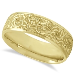 Hand-engraved Flower Wedding Ring Wide Band 18k Yellow Gold 7mm - All