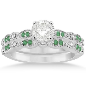 Petite Emerald and Diamond Marquise Bridal Set 14k White Gold 0.41ct - All