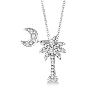 Palm Tree and Moon Diamond Pendant Necklace 14k White Gold 0.15ct - All