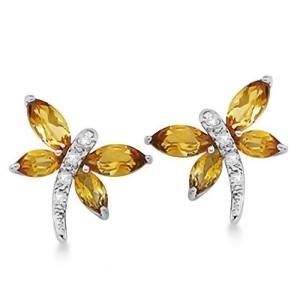 Diamond and Citrine Dragonfly Earrings 14k White Gold 2.88ct - All