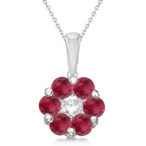 Cluster Flower Diamond and Ruby Pendant Necklace 14k White Gold 1.40ct - All
