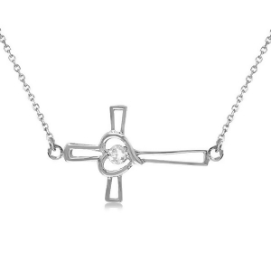 Open Heart Diamond Sideways Cross Necklace 14K White Gold .01ct - All