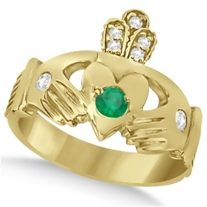 Diamond and Green Emerald Ring Claddagh Irish 14k Yellow Gold 0.35ct - All