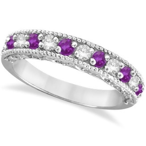 Diamond and Amethyst Band Filigree Design Ring 14k White Gold 0.60ct - All