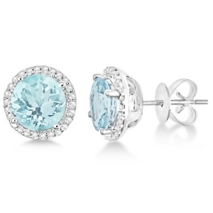 Round Aquamarine and Diamond Halo Stud Earrings Sterling Silver 2.66ct - All