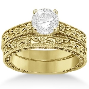 Carved Floral Wedding Set Engagement Ring and Band 14K Yellow Gold - All