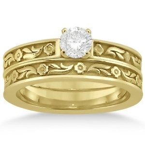 Carved Eternity Flower Design Solitaire Bridal Set in 18k Yellow Gold - All
