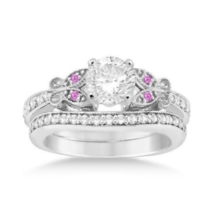 Butterfly Diamond and Pink Sapphire Bridal Set 14k White Gold 0.42ct - All
