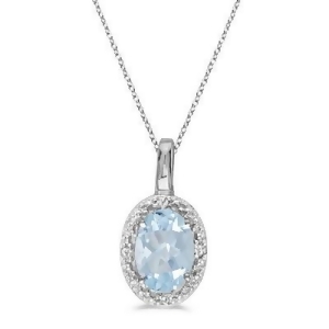 Oval Aquamarine and Diamond Pendant Necklace 14k White Gold 0.40ctw - All