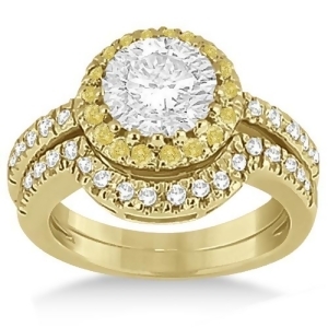 Halo Yellow Diamond Engagement Ring Bridal Set 14k Yellow Gold 0.51ct - All