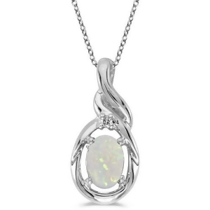 Oval Opal and Diamond Pendant Necklace 14k White Gold 0.55ct - All