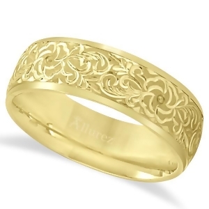 Hand-engraved Flower Wedding Ring Wide Band 14k Yellow Gold 7mm - All