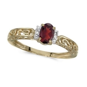 Oval Garnet and Diamond Filigree Antique Style Ring 14k Yellow Gold - All