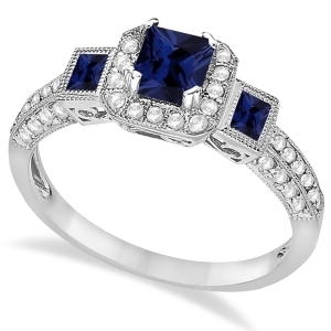 Blue Sapphire and Diamond Engagement Ring 14k White Gold 1.35ctw - All
