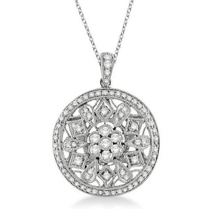 Large Circle Disk Filigree Pendant Necklace 14k White Gold 0.60ct - All