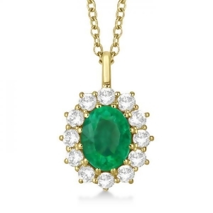 Oval Emerald and Diamond Pendant Necklace 14k Yellow Gold 3.60ctw - All