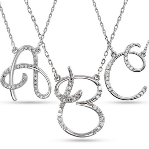 Personalized Diamond Cursive Initial Pendant Necklace 14k White Gold - All