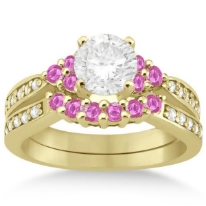 Floral Diamond and Pink Sapphire Engagement Set 14k Yellow Gold 0.60ct - All