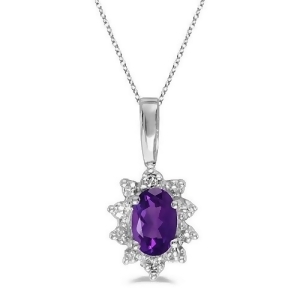 Oval Amethyst and Diamond Flower Shaped Pendant Necklace 14k White Gold - All
