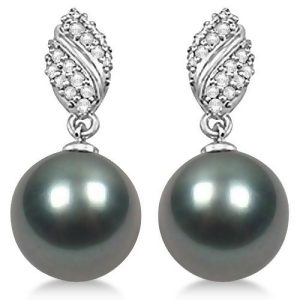 Tahitian Cultured Pearl and Diamond Drop Earrings 14K White Gold 12mm - All