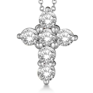 Prong Set Round Diamond Cross Pendant Necklace 14k White Gold 2.05ct - All