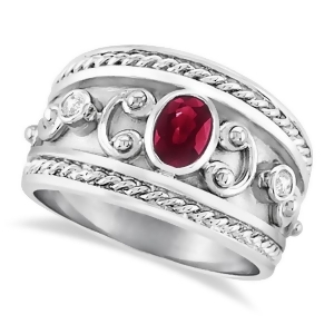 Oval Shaped Ruby and Diamond Byzantine Ring 14k White Gold 0.73ct - All