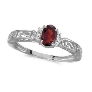 Oval Garnet and Diamond Filigree Antique Style Ring 14k White Gold - All