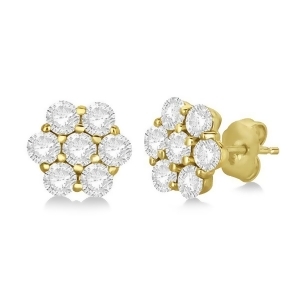 Flower Shaped Diamond Cluster Stud Earrings 14K Yellow Gold 1.01ct - All