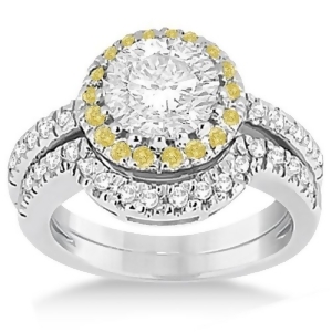 Halo Yellow Diamond Engagement Ring Bridal Set 14k White Gold 0.51ct - All