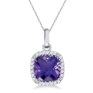 Cushion-cut Amethyst and Diamond Pendant Necklace 14K White Gold 7mm - All