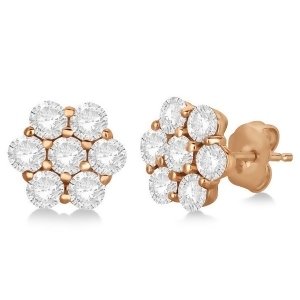 Flower Shaped Diamond Cluster Stud Earrings 14K Rose Gold 3.50ct - All