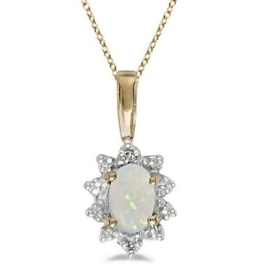 Oval Opal and Diamond Flower Shaped Pendant Necklace 14k Yellow Gold - All