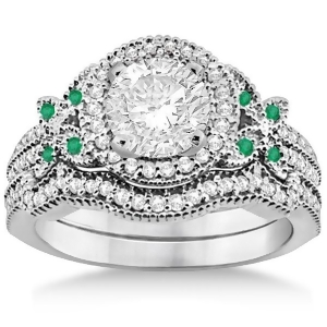 Butterfly Diamond and Emerald Engagement Ring and Band 14k White Gold 0.50ct - All