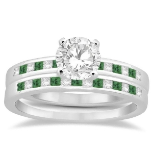 Princess Cut Diamond and Emerald Bridal Ring Set 14k White Gold 0.54ct - All