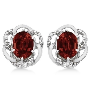 Oval Shaped Red Garnet and Diamond Earrings in 14K White Gold 3.05ct - All