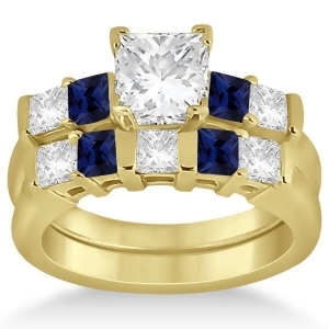 5 Stone Diamond and Blue Sapphire Bridal Set 14K Yellow Gold 1.02ct - All